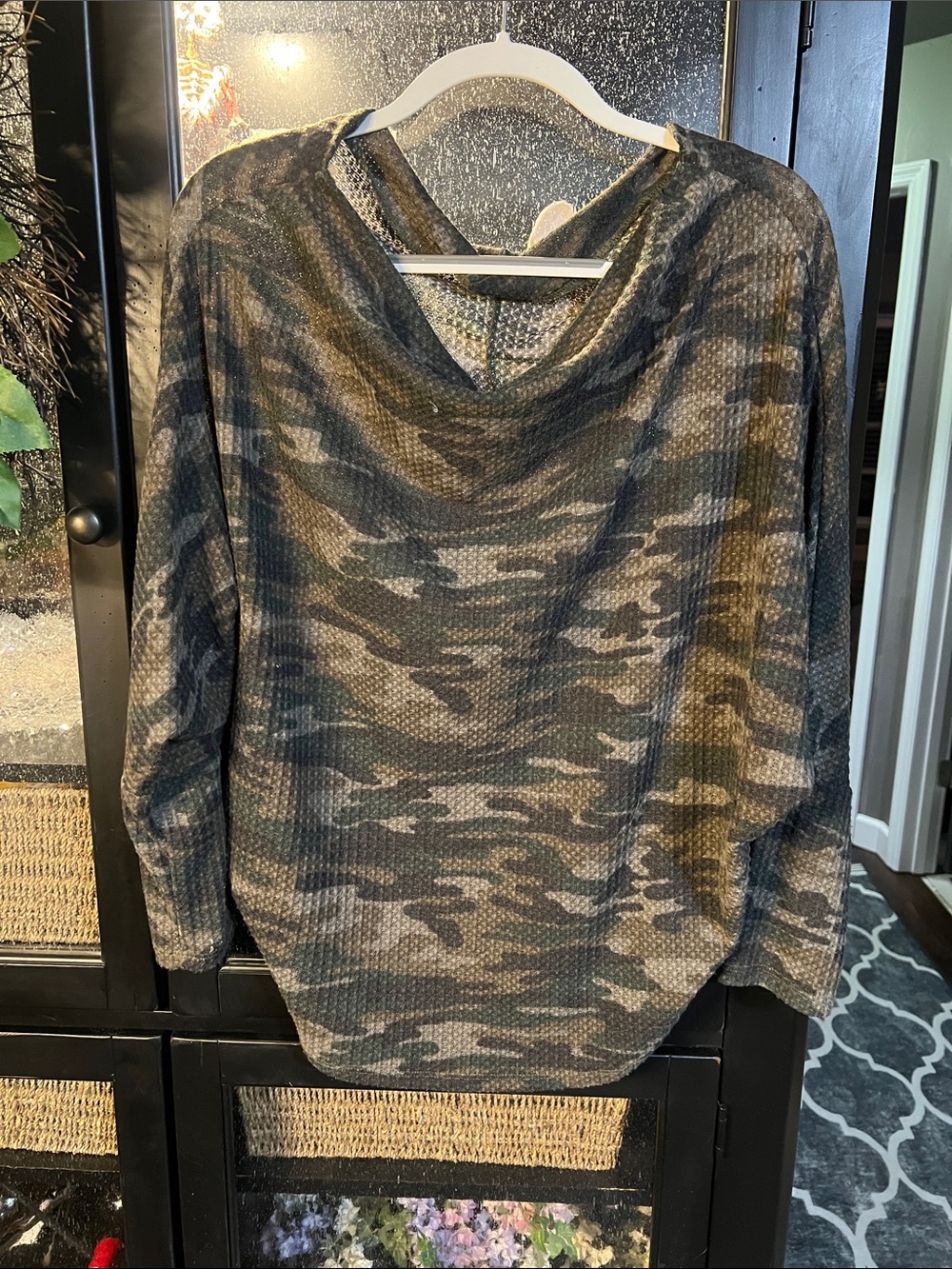 BKE Camo Print Draped Neck Sweater in Green and Brown